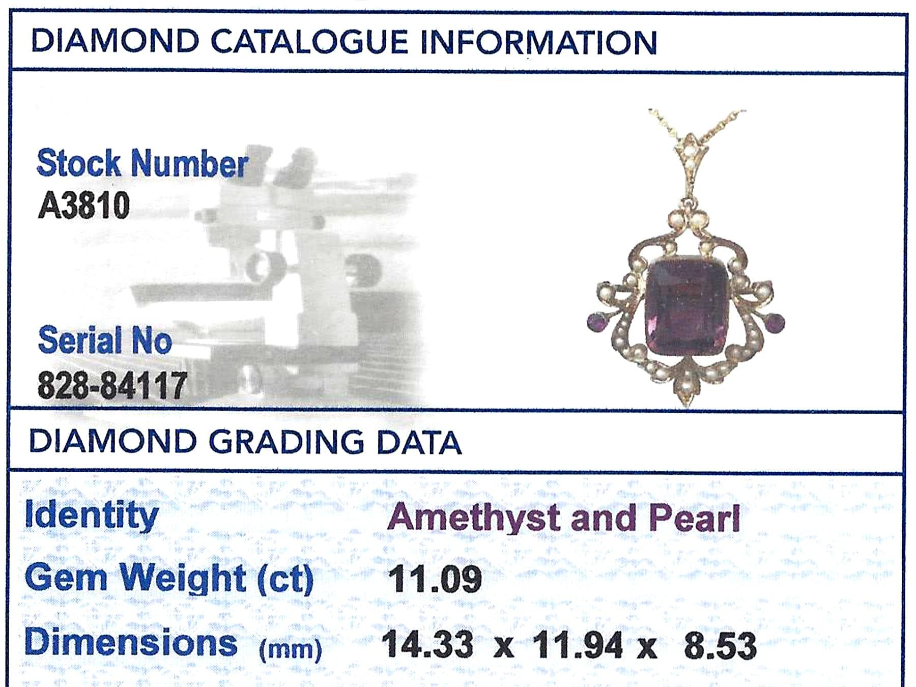 Antique 11.09 Carat Amethyst and Pearl Yellow Gold Pendant For Sale 2