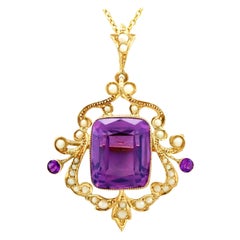 Antique 11.09 Carat Amethyst and Pearl Yellow Gold Pendant