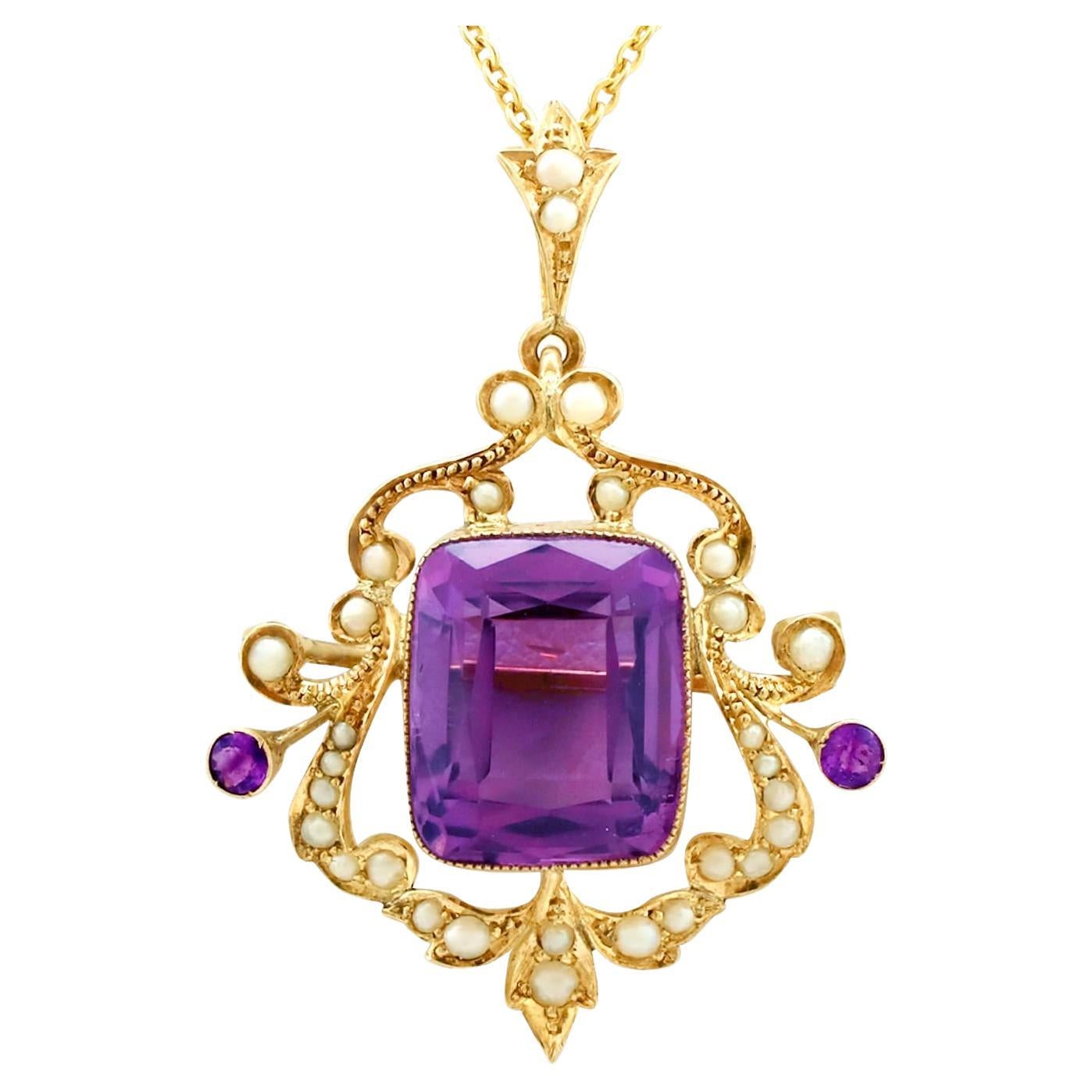 Antique 11.09 Carat Amethyst and Pearl Yellow Gold Pendant For Sale