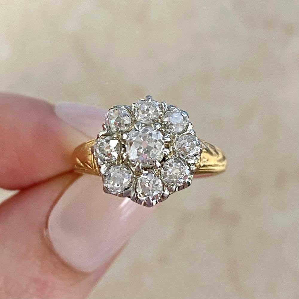 Antique 1.10ct Old Mine Cut Diamond Cluster Ring, VS1 Clarity, 14k Yellow Gold For Sale 5