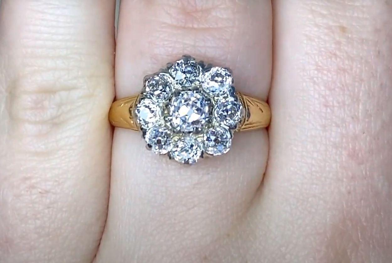 Women's Antique 1.10ct Old Mine Cut Diamond Cluster Ring, VS1 Clarity, 14k Yellow Gold For Sale