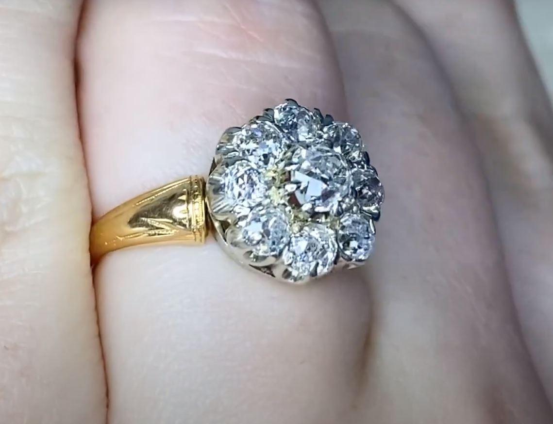 Antique 1.10ct Old Mine Cut Diamond Cluster Ring, VS1 Clarity, 14k Yellow Gold For Sale 1