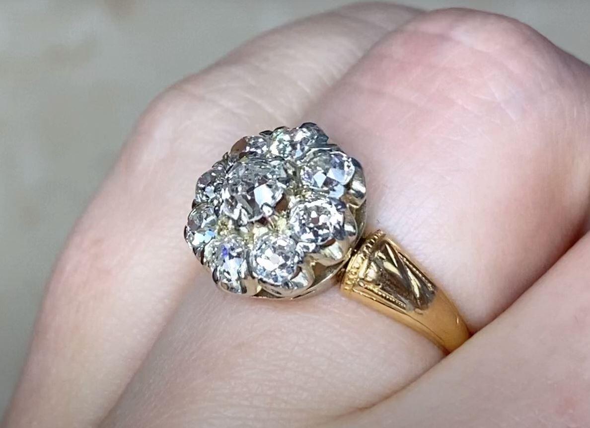 Antique 1.10ct Old Mine Cut Diamond Cluster Ring, VS1 Clarity, 14k Yellow Gold For Sale 2