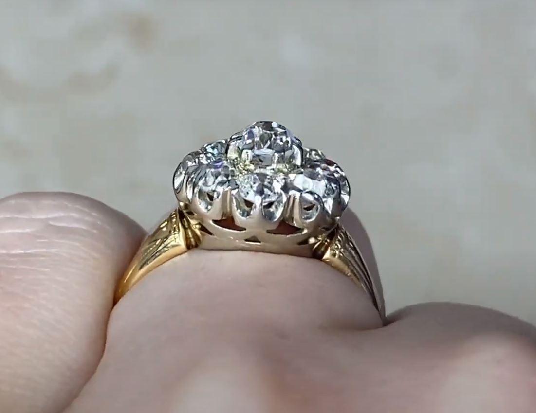 Antique 1.10ct Old Mine Cut Diamond Cluster Ring, VS1 Clarity, 14k Yellow Gold For Sale 3