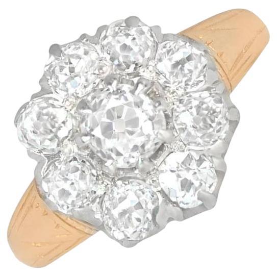 Antique 1.10ct Old Mine Cut Diamond Cluster Ring, VS1 Clarity, 14k Yellow Gold For Sale