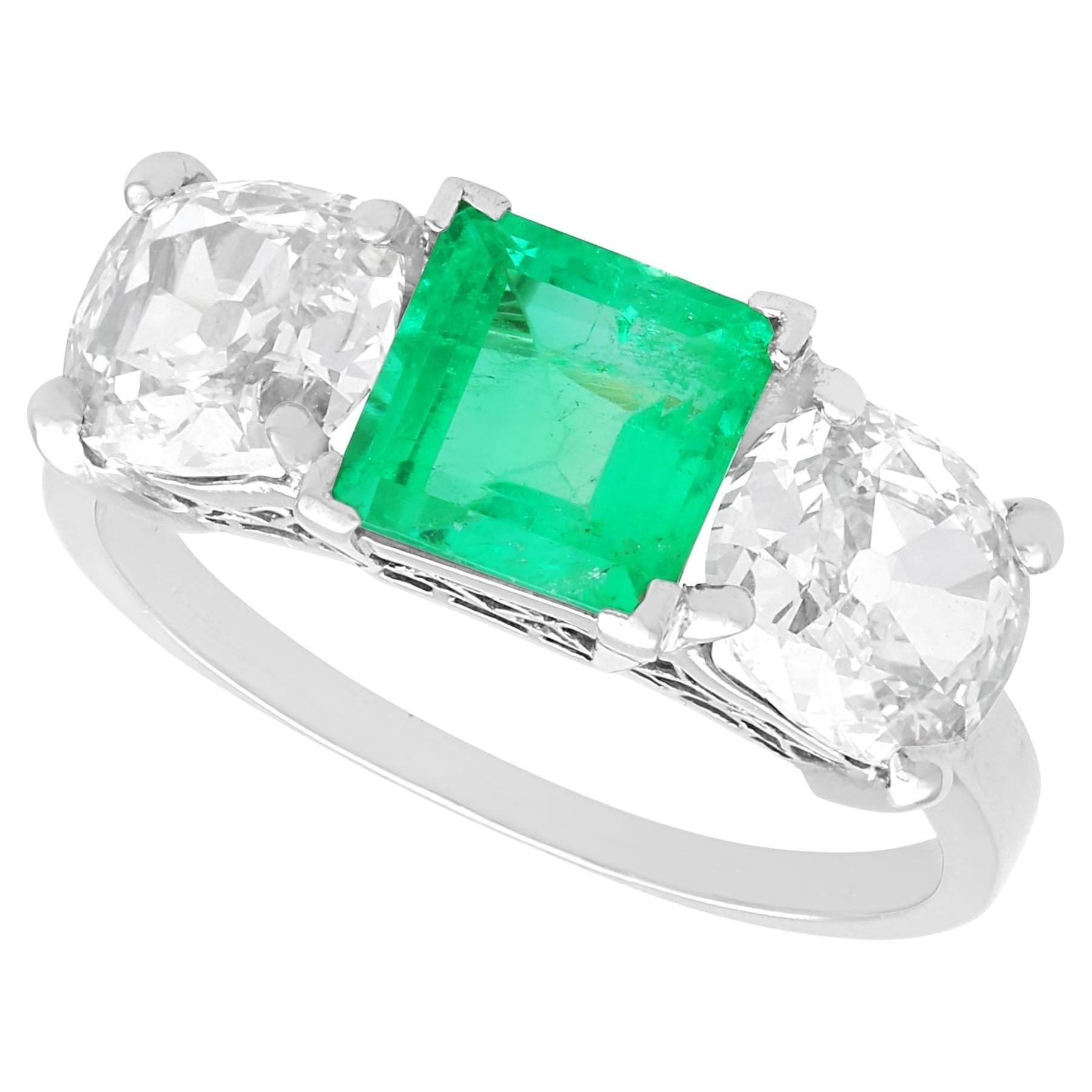 Antique 1.11 Carat Colombian Emerald and 1.33 Carat Diamond Trilogy Ring  For Sale