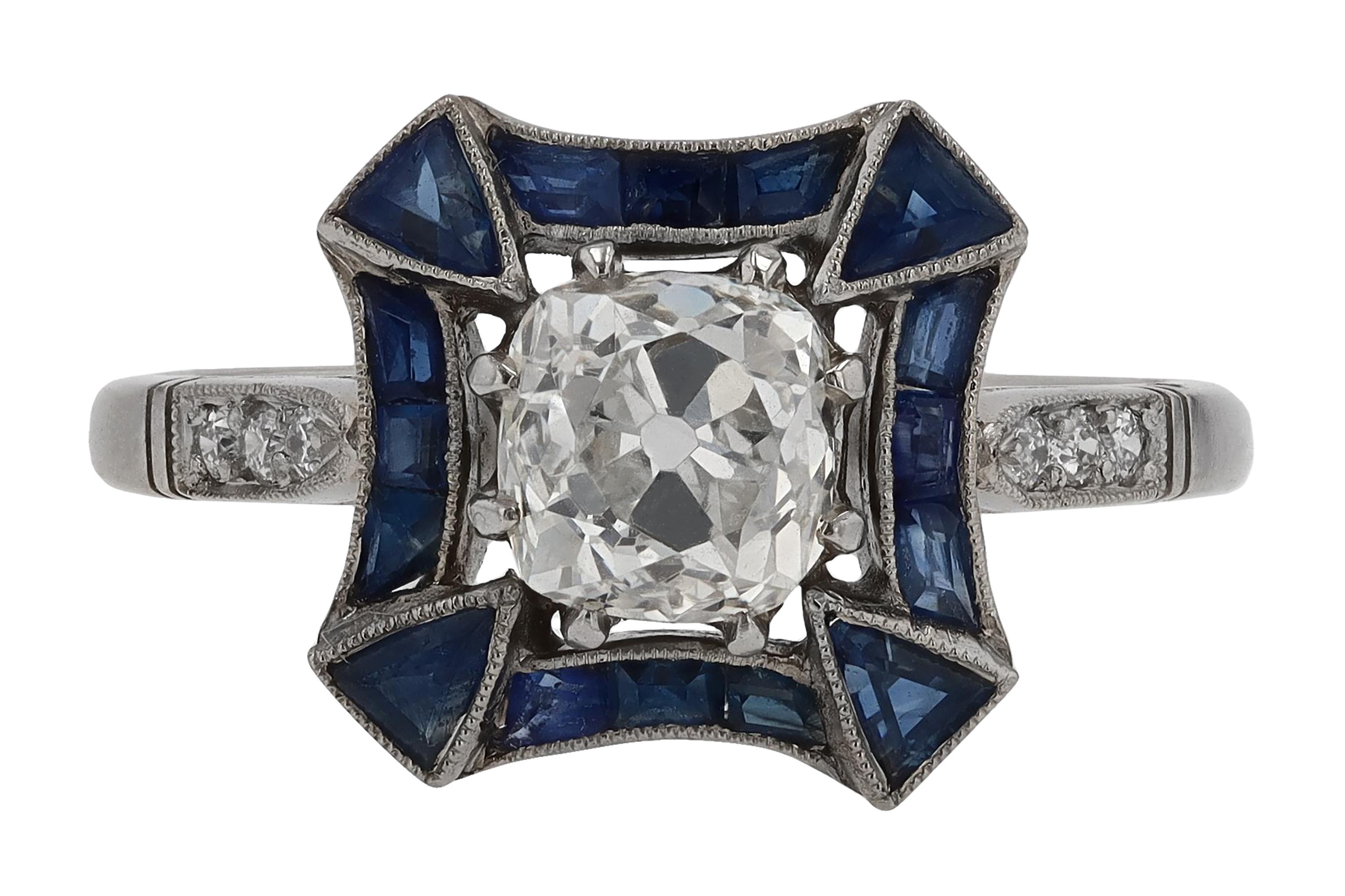 Antique 1.11 Carat Old Mine Diamond & Sapphire Engagement Ring In Good Condition In Santa Barbara, CA