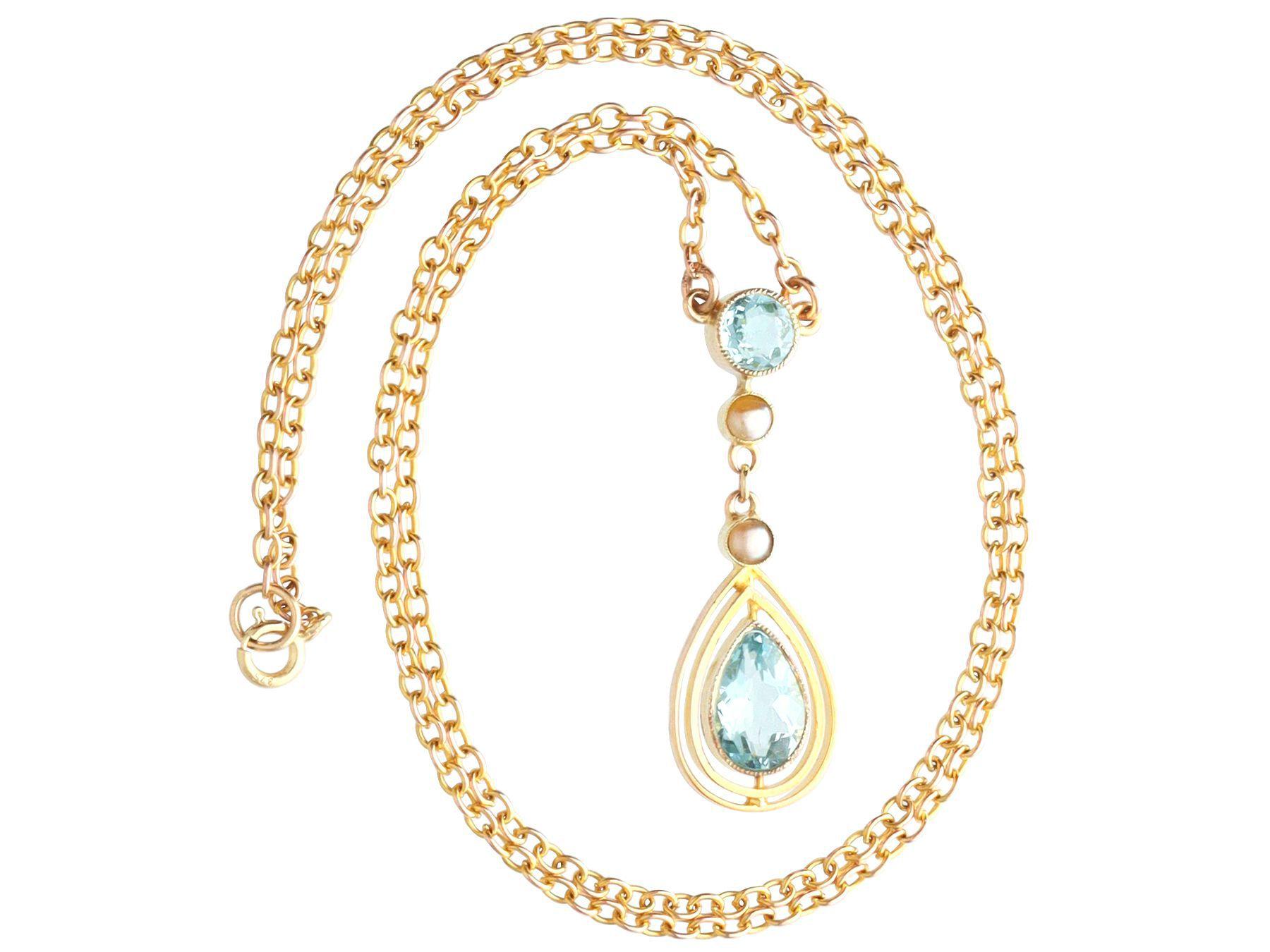 Pear Cut Antique 1.13 Carat Aquamarine and Seed Pearl Necklace in Yellow Gold