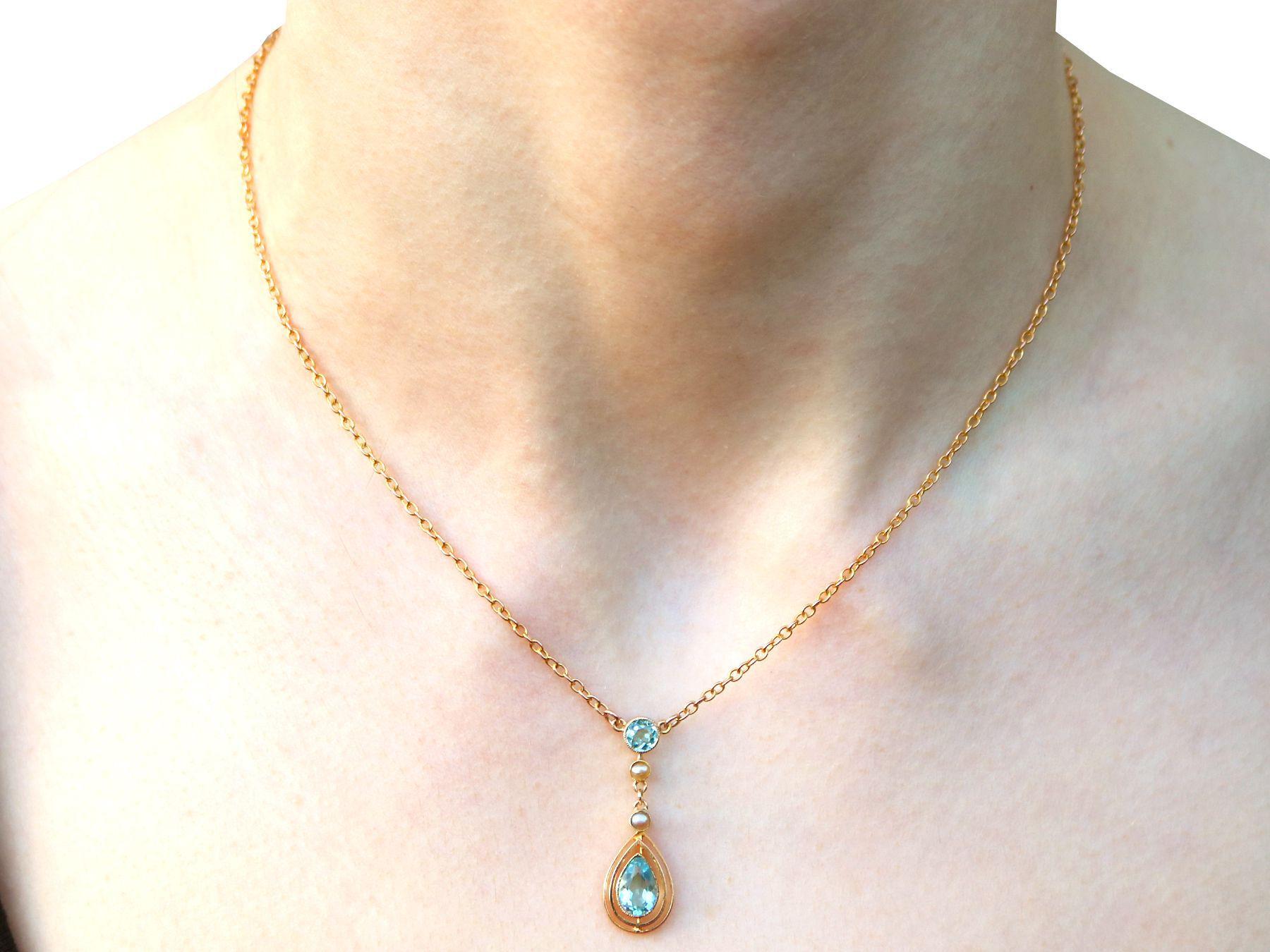 Antique 1.13 Carat Aquamarine and Seed Pearl Necklace in Yellow Gold 2