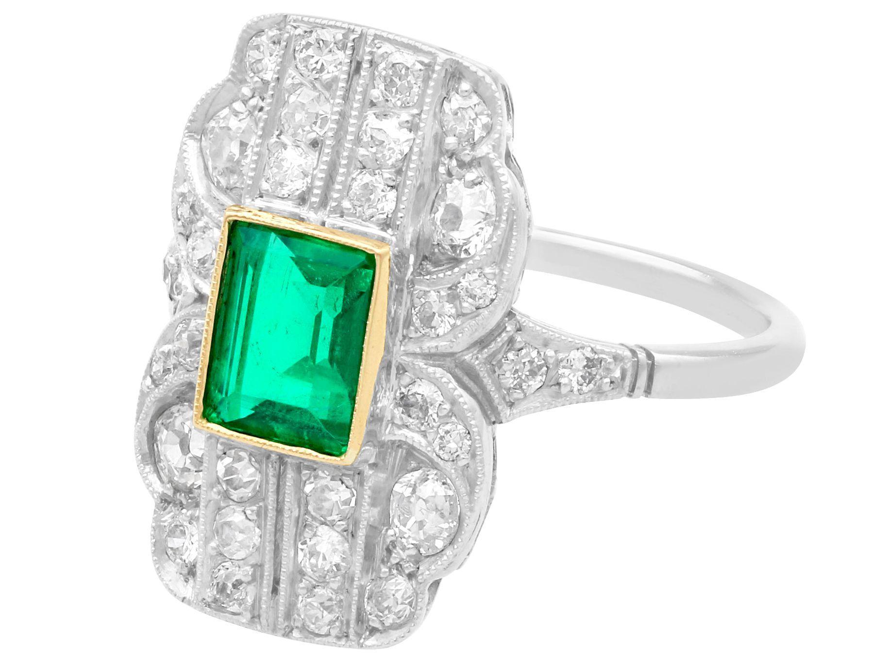 Contemporary 1.13 Carat Emerald and 1.11 Carat Diamond Platinum Cocktail Ring For Sale