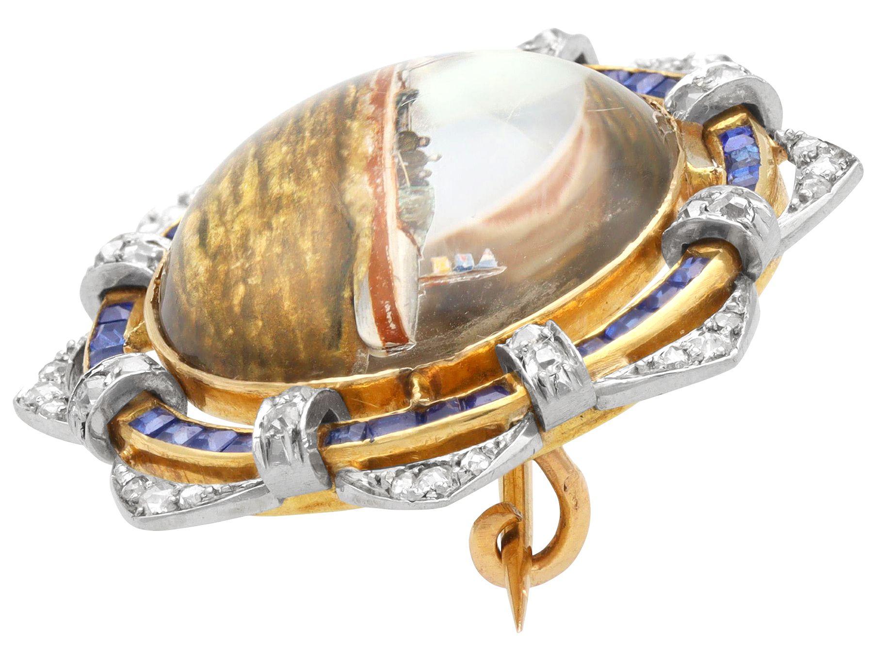 Cabochon Antique 11.32 Carat Rock Crystal and Diamond Sapphire and 18k Yellow Gold Brooch For Sale