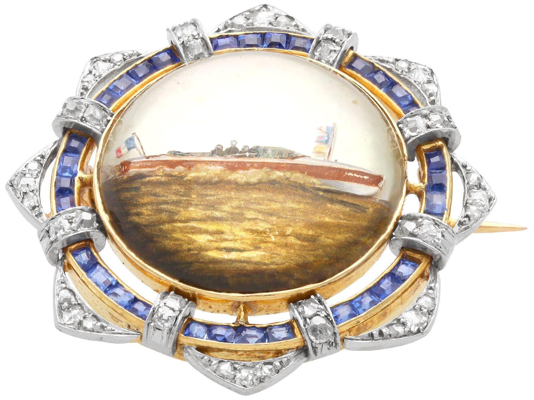 Broche antiguo de cristal de roca y zafiro diamante de 11,32 quilates y oro amarillo de 18k en Excelente estado para la venta en Jesmond, Newcastle Upon Tyne