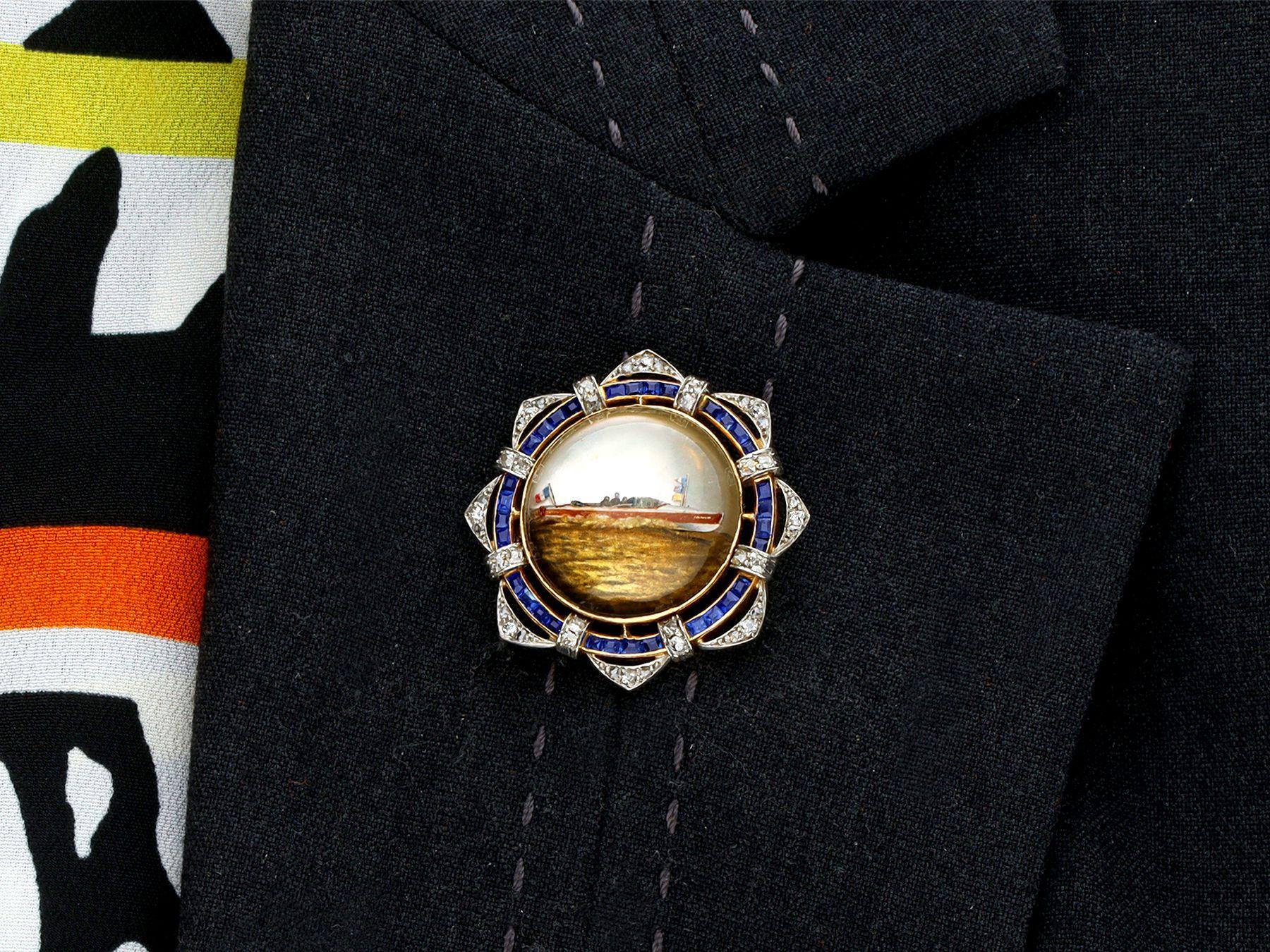 Broche antiguo de cristal de roca y zafiro diamante de 11,32 quilates y oro amarillo de 18k en venta 3