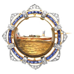 Antique 11.32 Carat Rock Crystal and Diamond Sapphire and 18k Yellow Gold Brooch