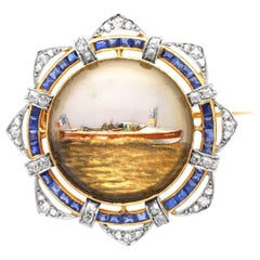 Antique 11.32 Carat Rock Crystal and Diamond Sapphire and 18k Yellow Gold Brooch
