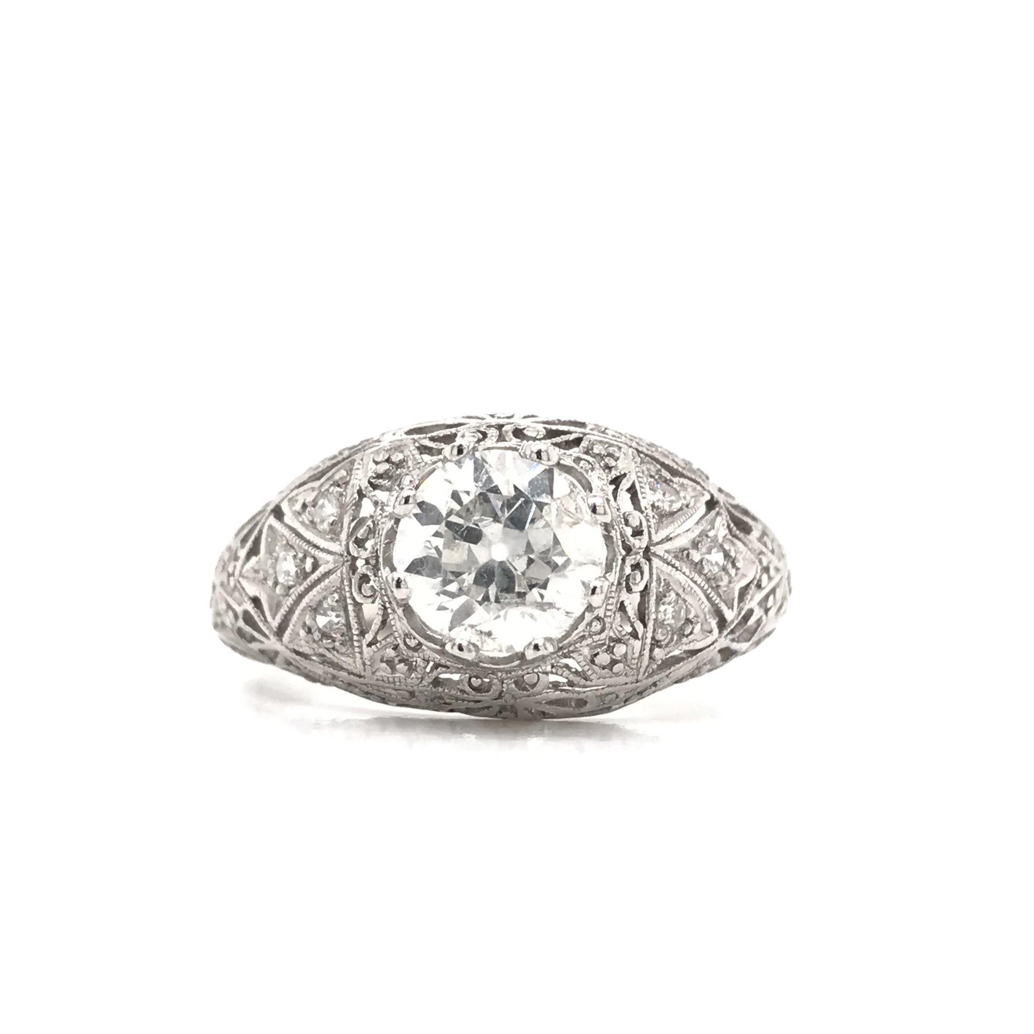 Old European Cut Antique 1.15 Carat Art Deco Platinum Diamond Engagement Ring