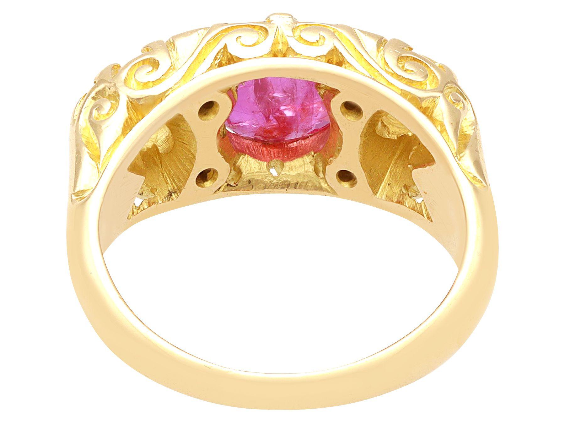 Women's or Men's Antique 1.15 Carat Burmese Ruby and 1.36 Carat Diamond Yellow Gold Trilogy Ring For Sale