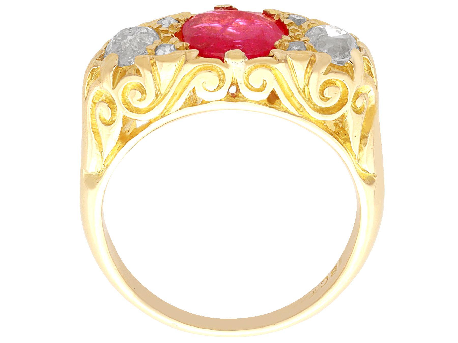 Antique 1.15 Carat Burmese Ruby and 1.36 Carat Diamond Yellow Gold Trilogy Ring For Sale 1