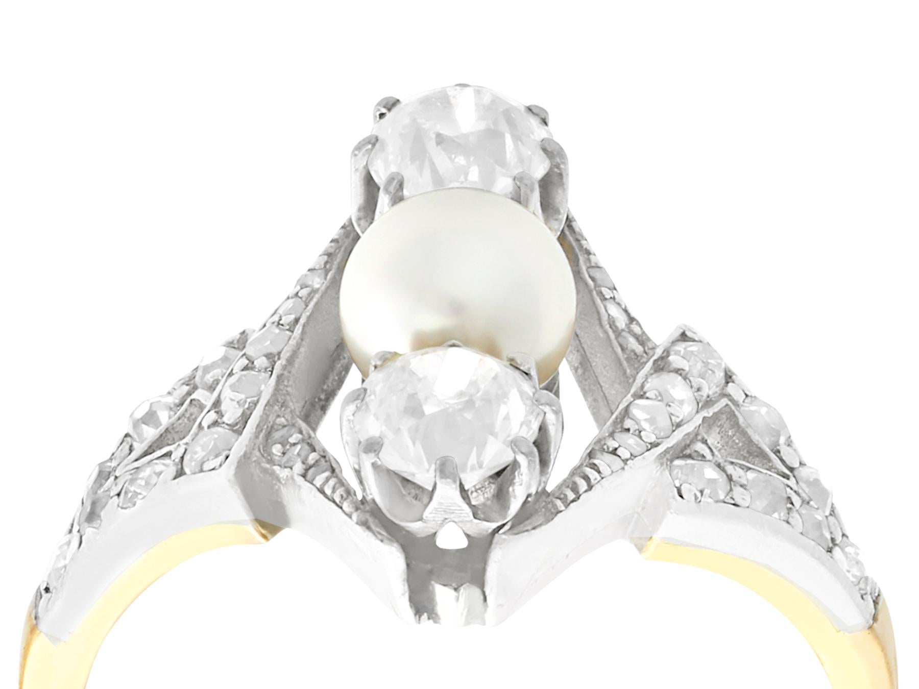 A fine and impressive antique 1.15 carat diamond and cultured pearl, 18k yellow gold, platinum set dress ring; part of our antique jewelry and estate jewelry collections.

This impressive antique diamond and pearl ring has been crafted in 18k yellow