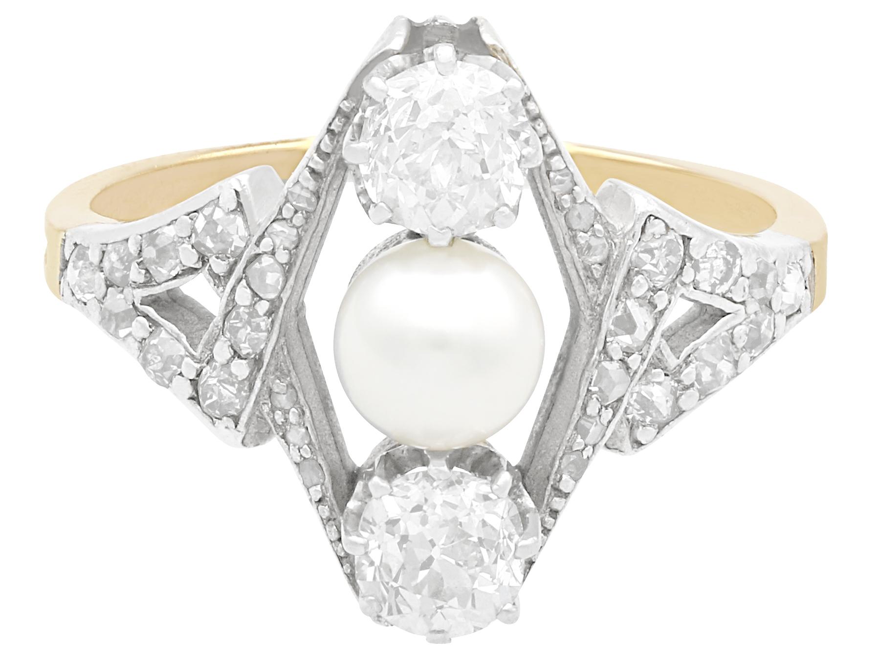 Round Cut Antique 1.15 Carat Diamond and Pearl Cocktail Ring in Yellow Gold For Sale