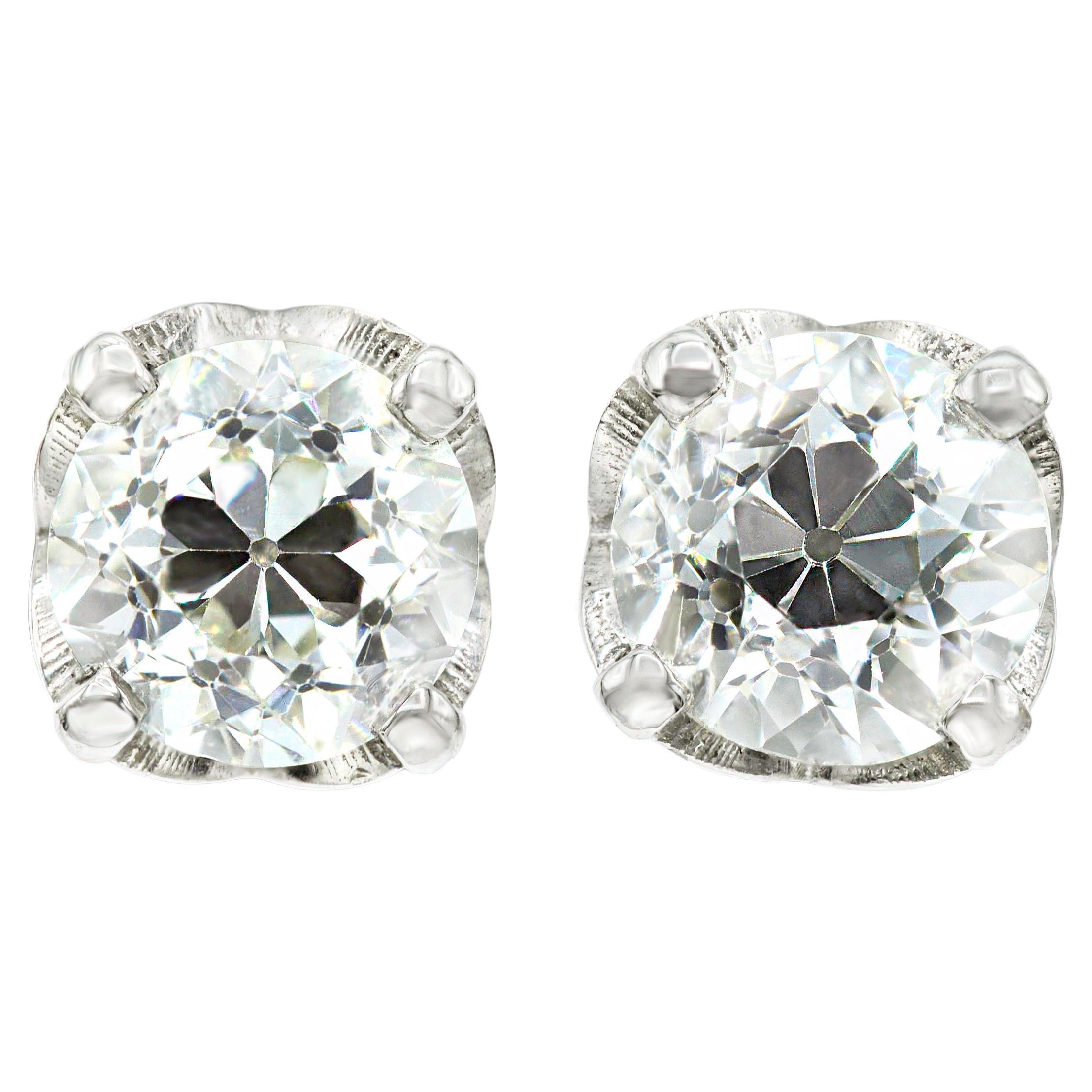 Antique 1.15 ctw Old European Cut Diamond Studs GIA Certified For Sale