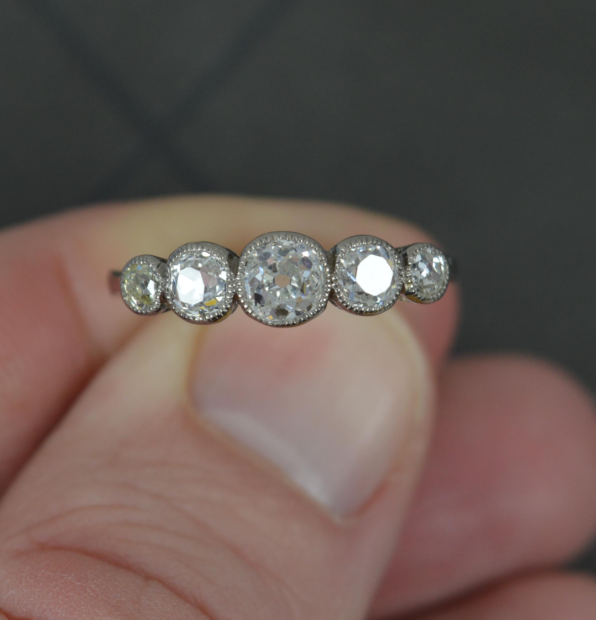Antique 1.15ct Old Cut Diamond 18ct White Gold Bezel Five Stone Ring 1