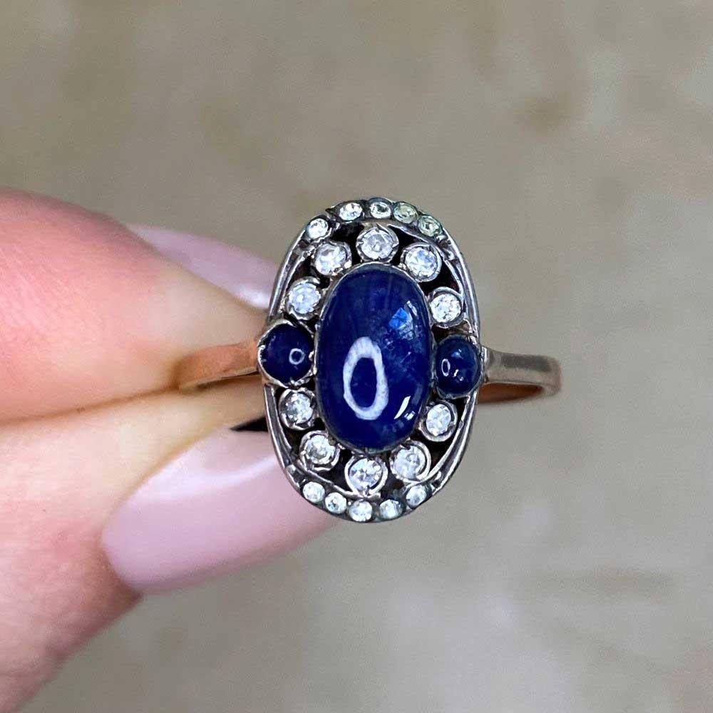 Antique 1.15ct Sapphire Engagement Ring, Diamond Halo, Silver & 14k Yellow Gold For Sale 4
