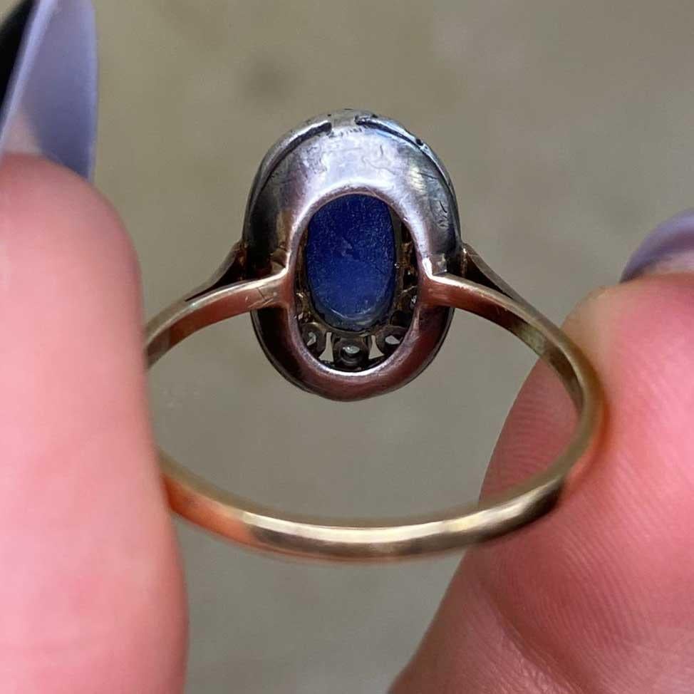 Antique 1.15ct Sapphire Engagement Ring, Diamond Halo, Silver & 14k Yellow Gold For Sale 5
