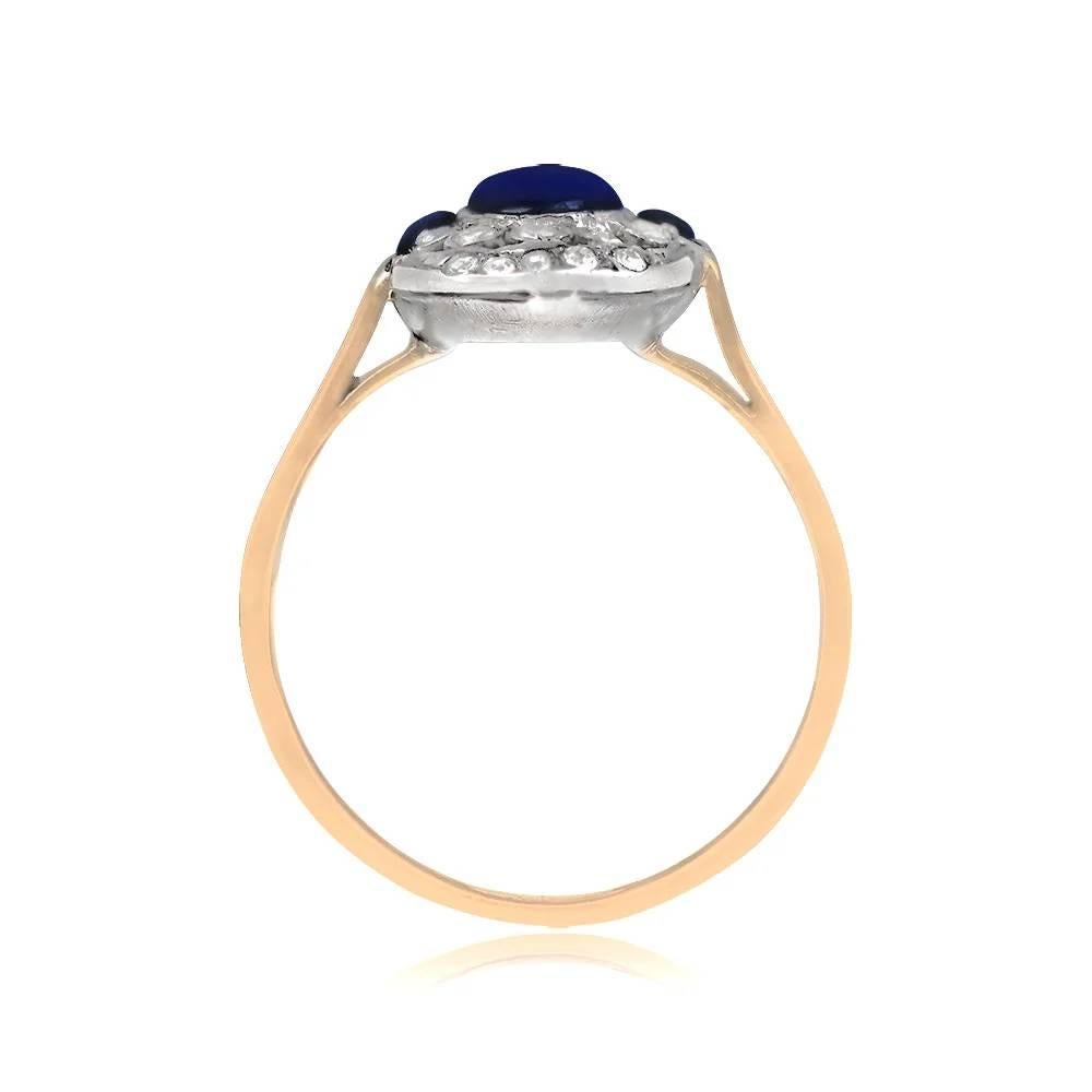 Cabochon Antique 1.15ct Sapphire Engagement Ring, Diamond Halo, Silver & 14k Yellow Gold For Sale