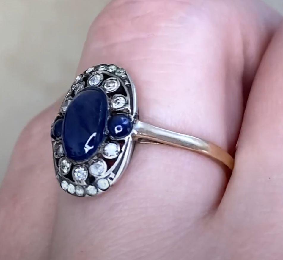 Antique 1.15ct Sapphire Engagement Ring, Diamond Halo, Silver & 14k Yellow Gold For Sale 1