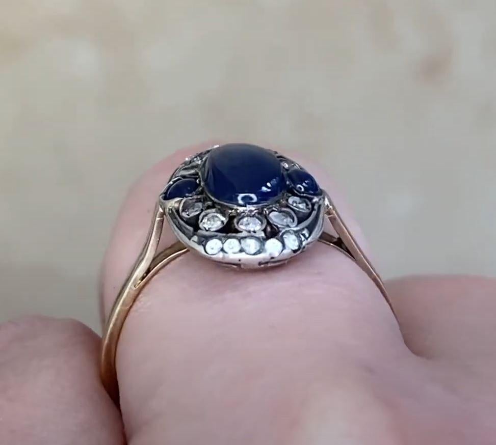 Antique 1.15ct Sapphire Engagement Ring, Diamond Halo, Silver & 14k Yellow Gold For Sale 2