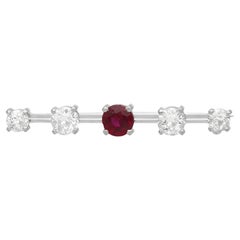 Antique 1.17 Carat Ruby 1.56 Carat Diamond 18k White Gold Bar Brooch Circa 1910