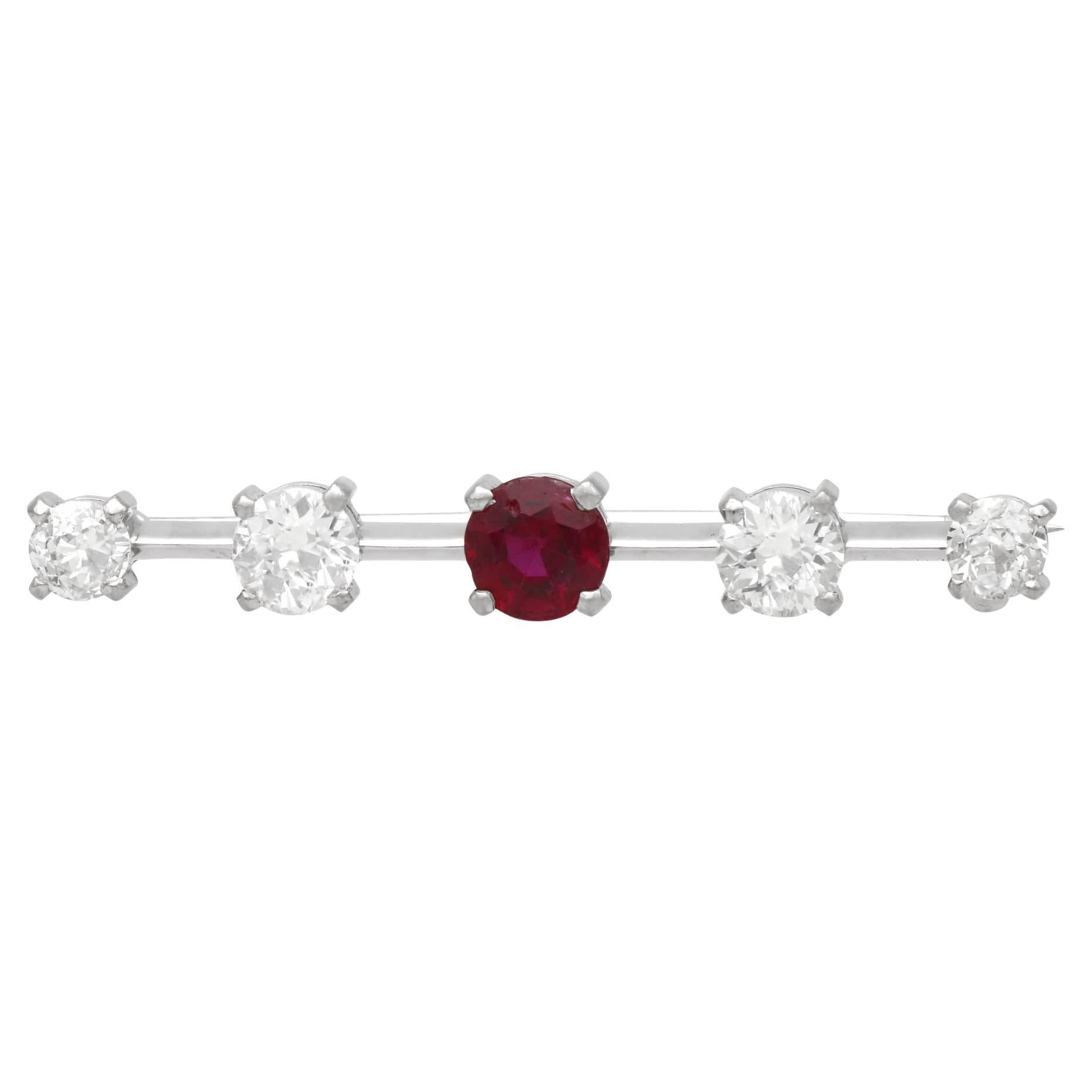 Antique 1.17 Carat Ruby 1.56 Carat Diamond 18k White Gold Bar Brooch Circa 1910