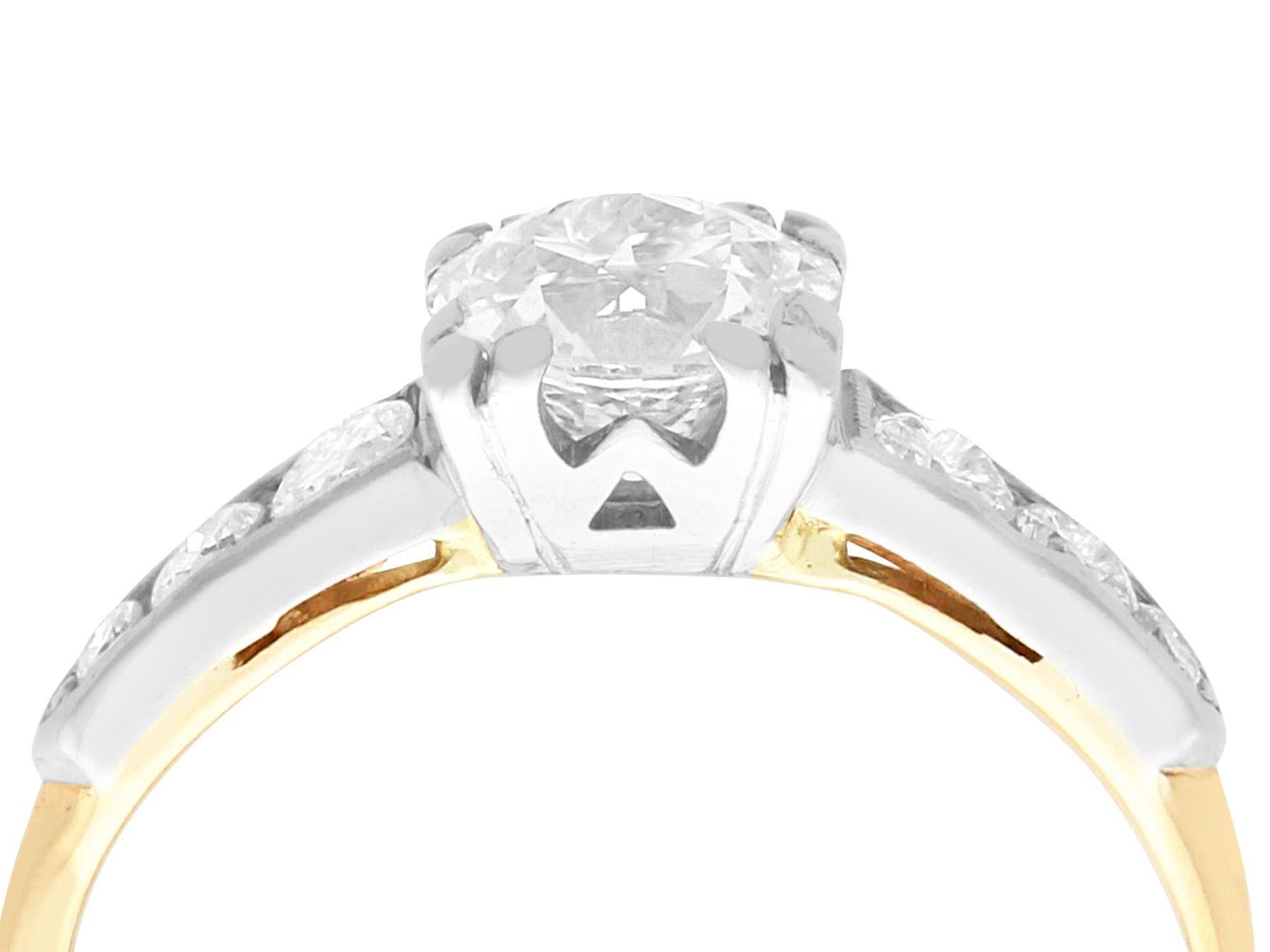 A stunning, fine and impressive 1.18 carat diamond, 12 karat yellow gold and platinum set engagement ring; part of our diverse diamond jewellery and estate jewelry collections.

This stunning, fine and impressive antique engagement ring has been