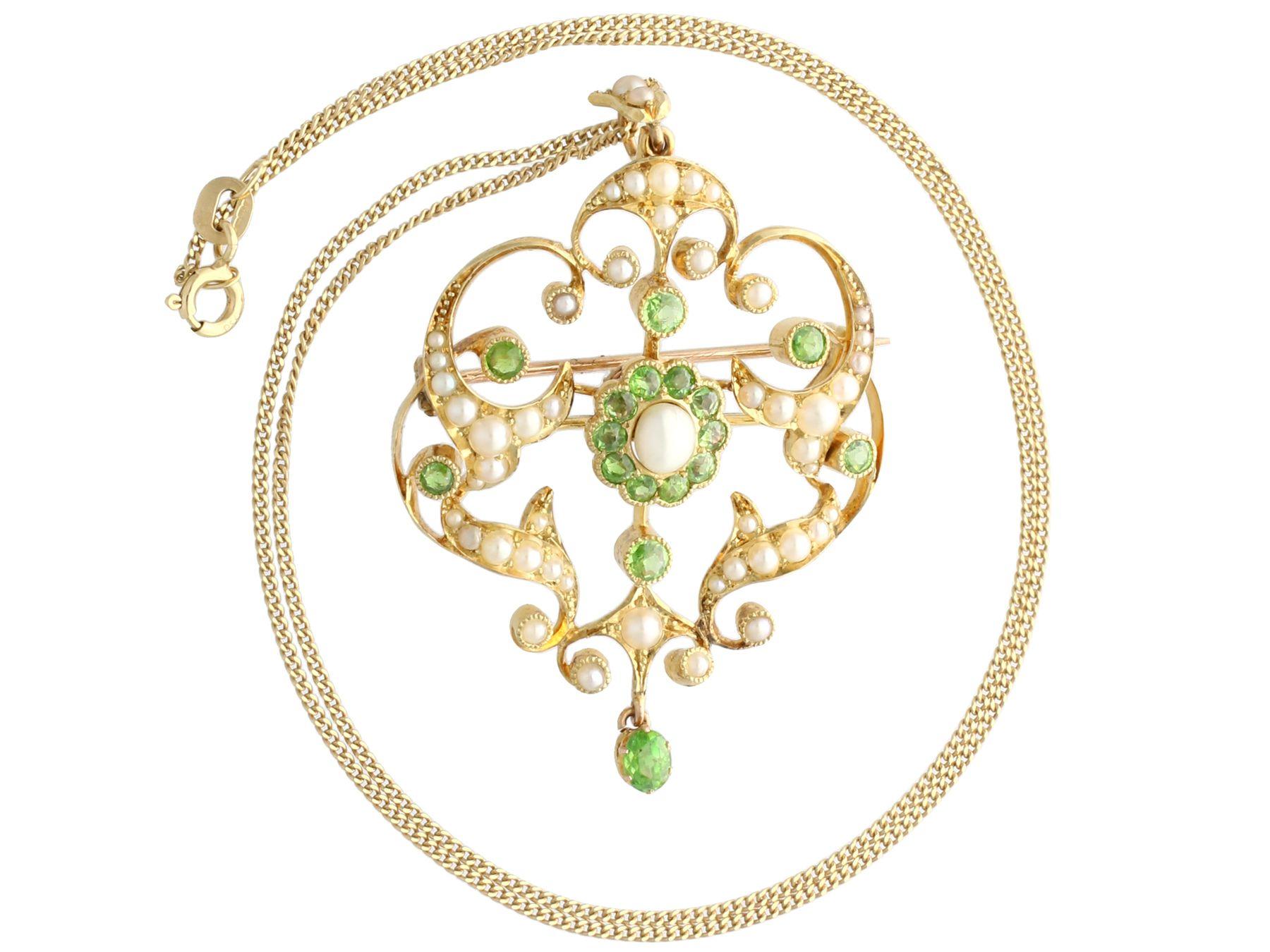A stunning, fine and impressive antique 1.19 carat demantoid garnet and seed pearl, 15 karat yellow gold pendant / brooch; part of our diverse gemstone jewelry and estate jewelry collections

This stunning, fine and impressive antique pendant has