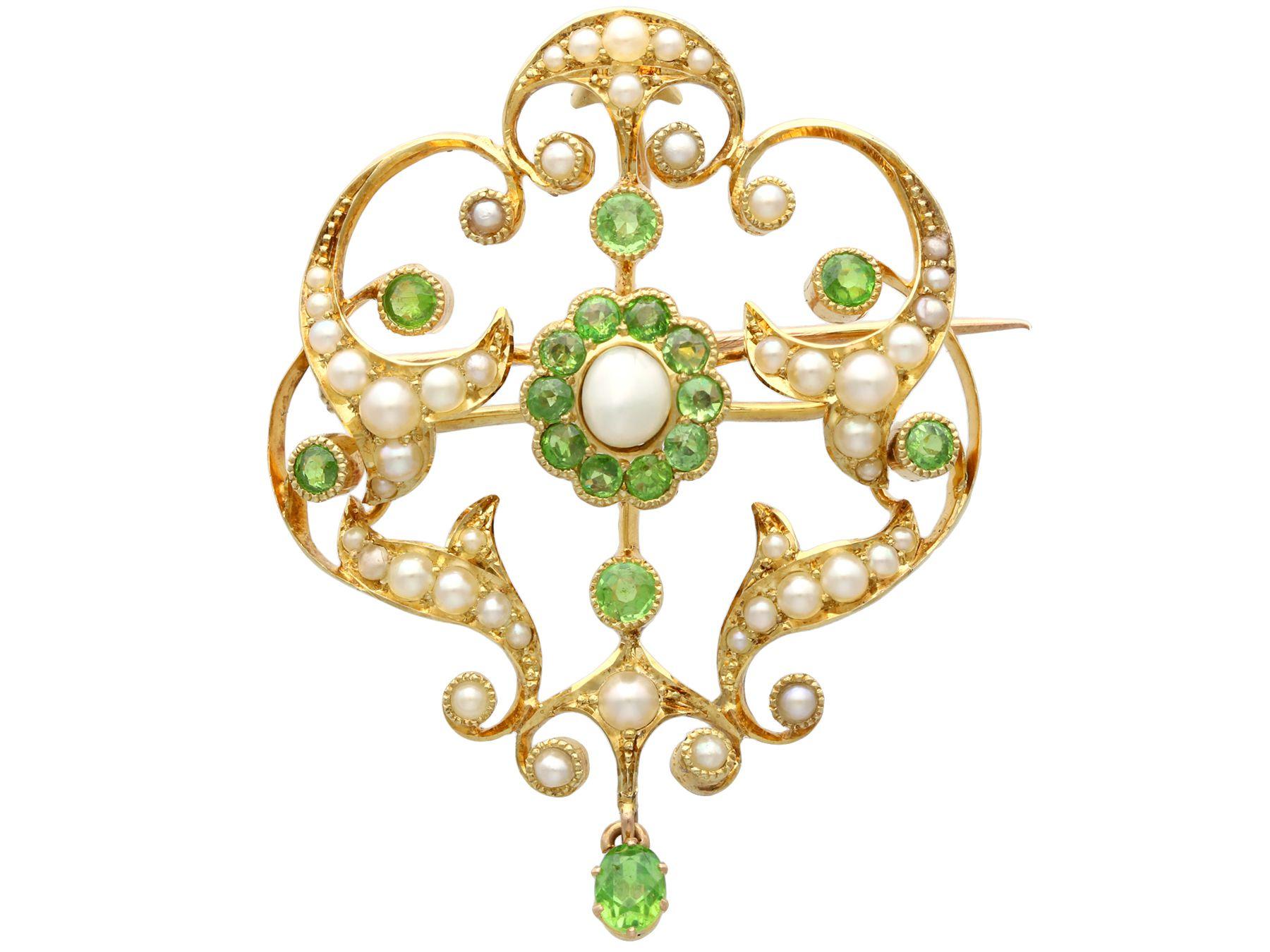 Round Cut Antique 1.19 Carat Demantoid Garnet and Seed Pearl Yellow Gold Pendant Brooch For Sale