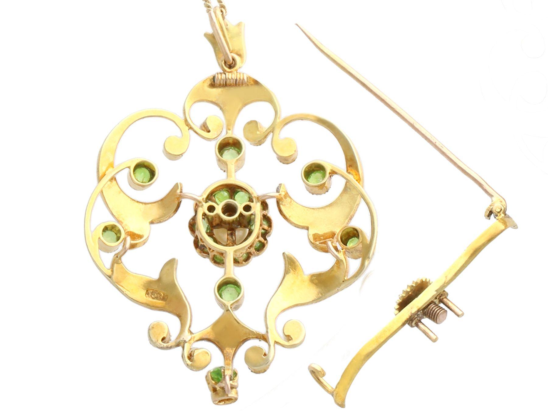 Women's or Men's Antique 1.19 Carat Demantoid Garnet and Seed Pearl Yellow Gold Pendant Brooch For Sale