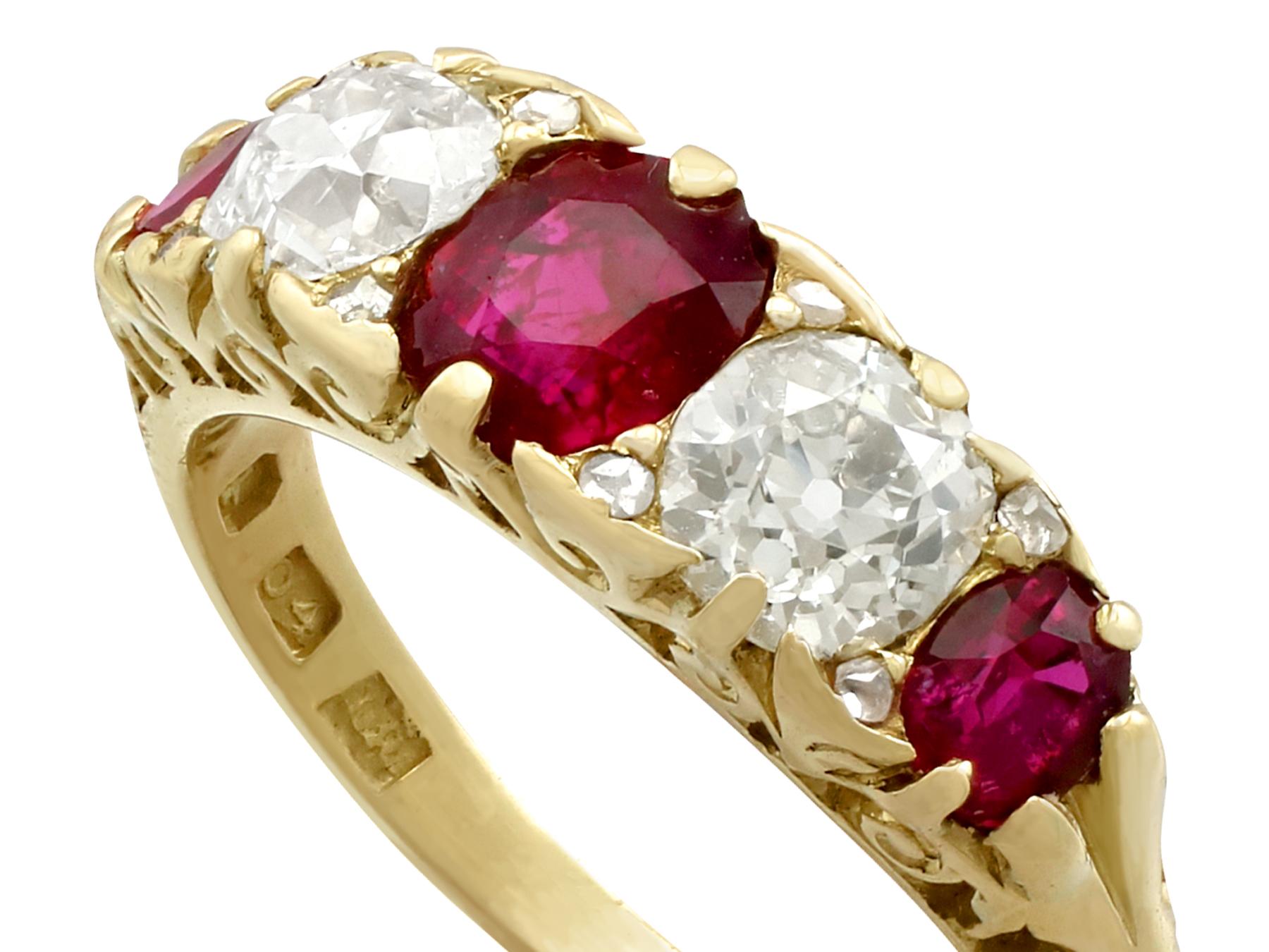 Oval Cut Antique 1.19 Carat Ruby and 1.15 Carat Diamond Five-Stone Dress Ring