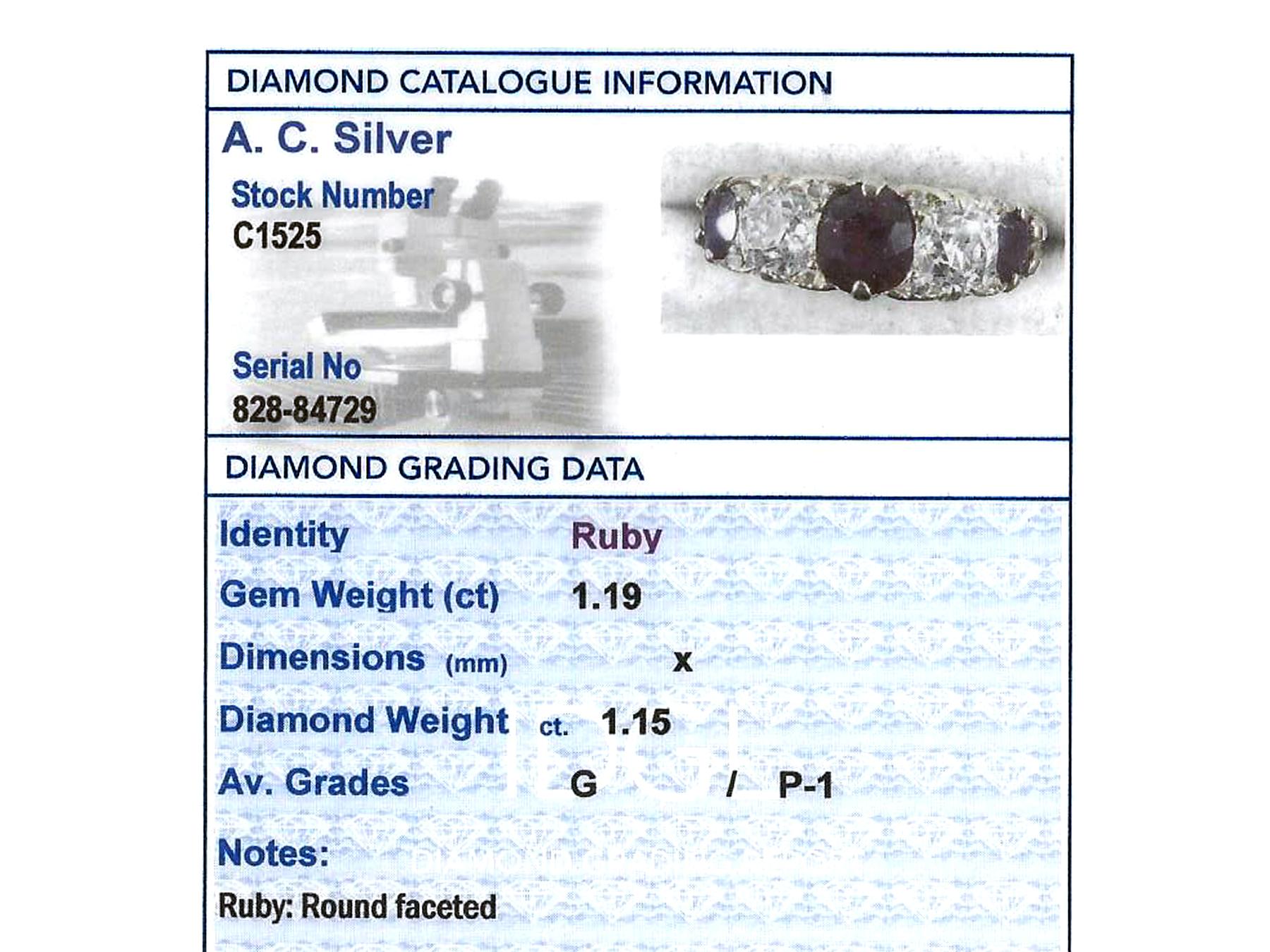 Women's Antique 1.19 Carat Ruby and 1.15 Carat Diamond Five-Stone Dress Ring