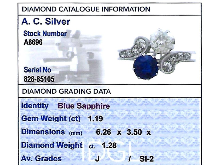 Women's Antique 1.19 Carat Sapphire and 1.28 Carat Diamond White Gold Twist Ring For Sale