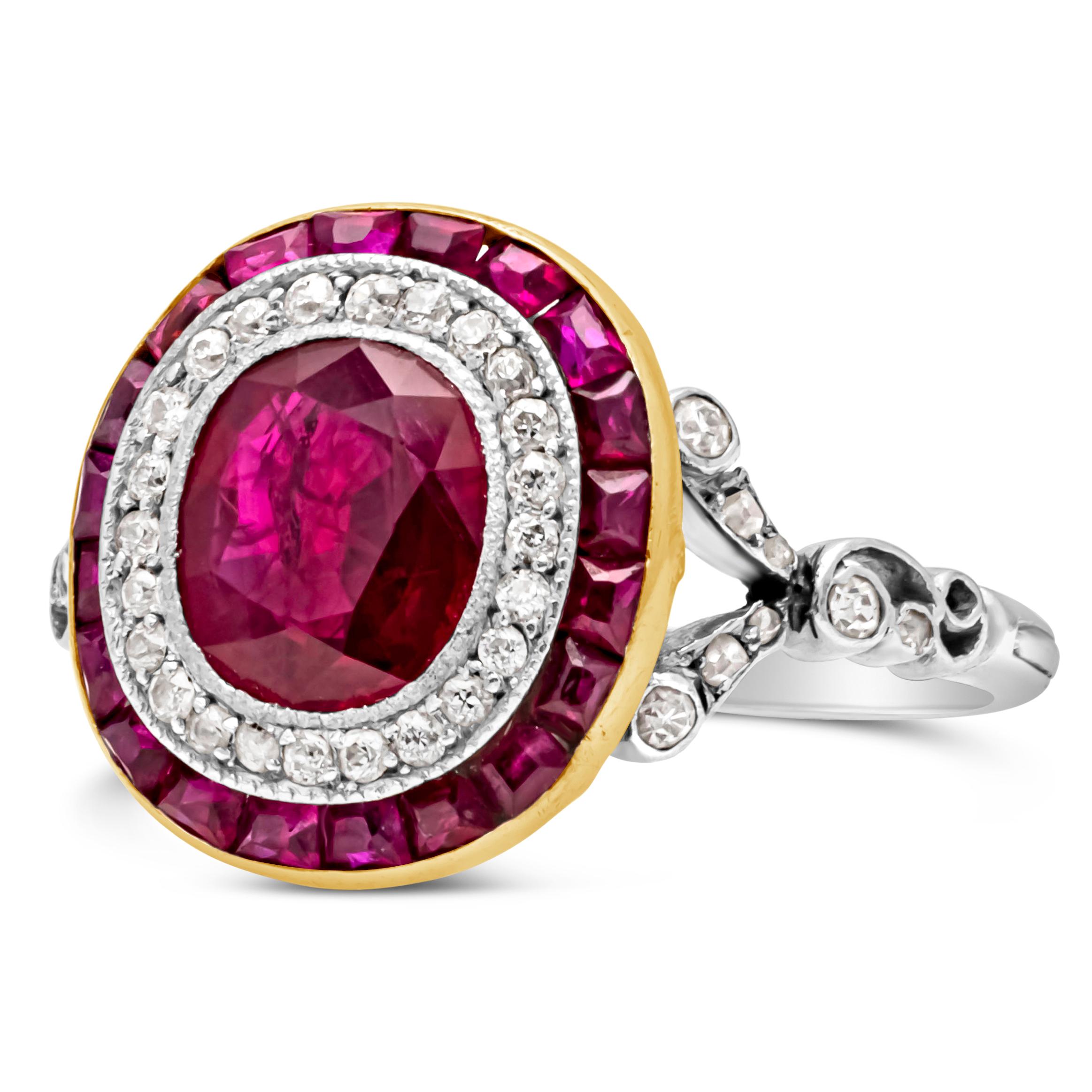 A beautiful antique art deco style engagement ring showcasing a AGL certified oval cut color-rich red ruby weighing 1.19 carats, surrounded by two rows of brilliant round diamonds weighing 0.30 carats total, set in a shared prong setting and