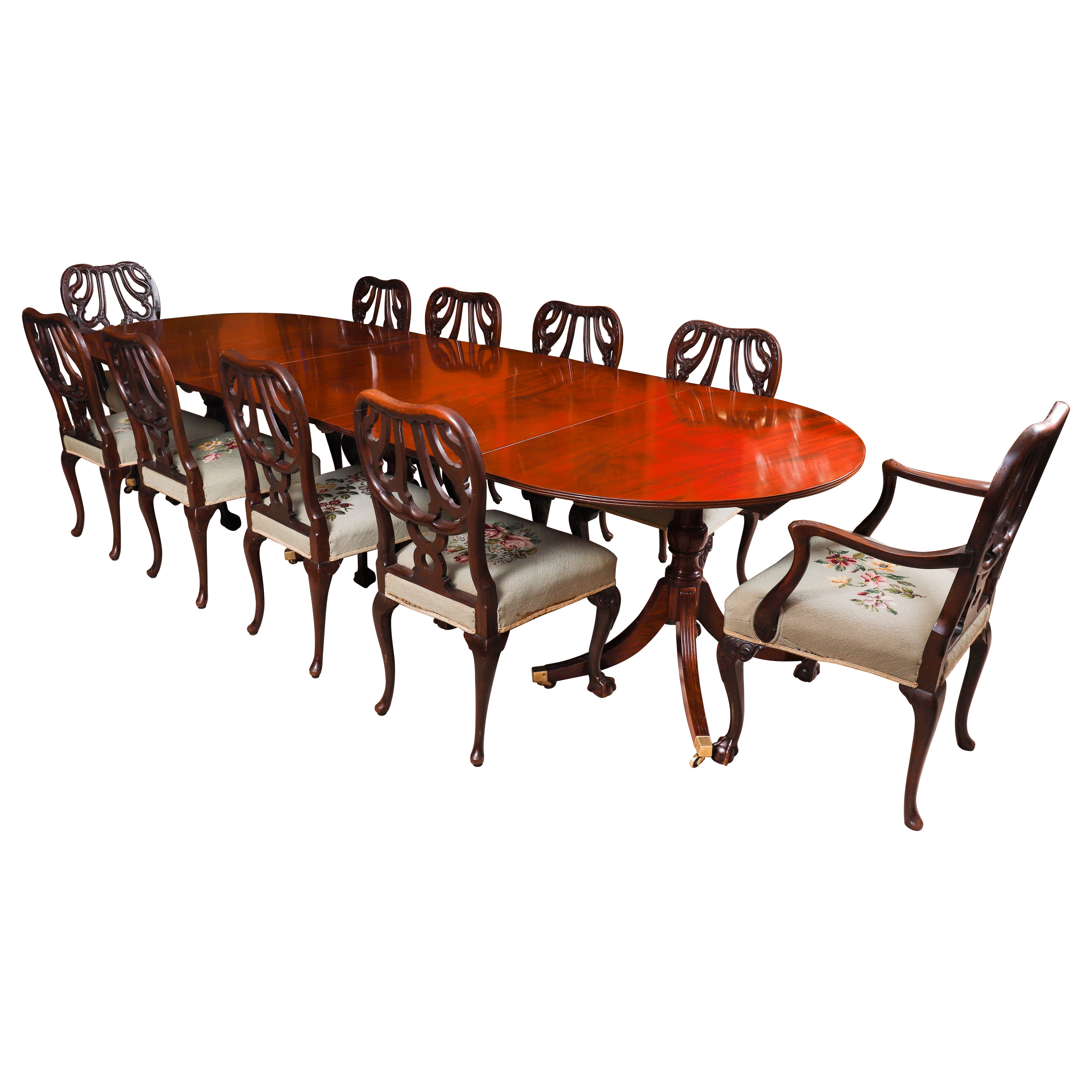Ancienne table de salle à manger à trois piliers Regency 11ft Circa 1820 et 10 chaises