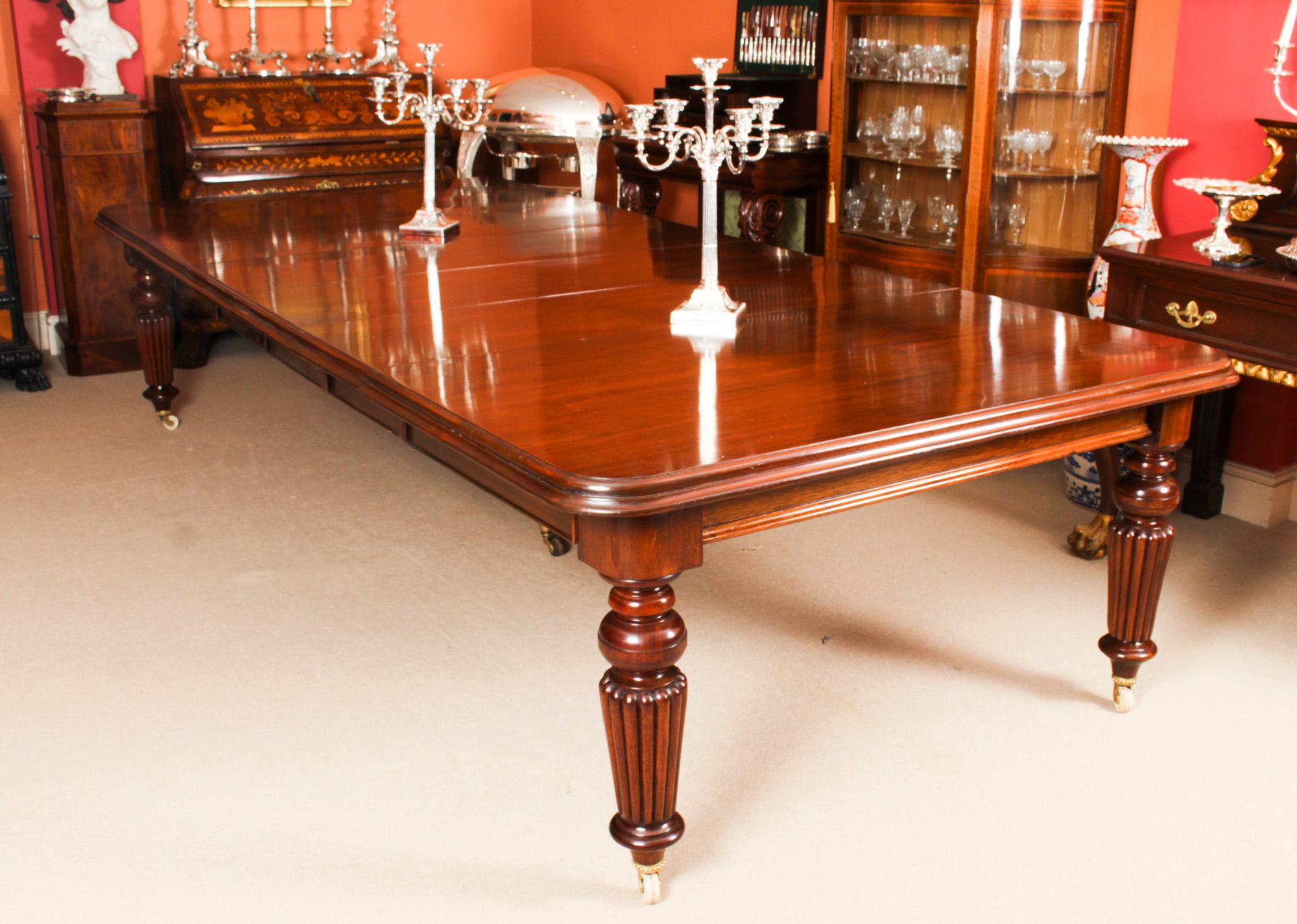 This is a rare opportunity to own an antique early Victorian, flame mahogany dining or conference table which can seat up to fourteen people in grand comfort, and dates from Circa 1850..

It has four original leaves which can be added or removed as
