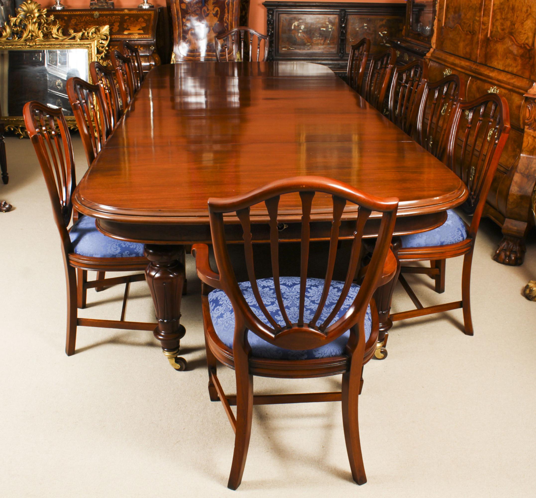 This is a magnificent antique Victorian mahogany D-end dining table circa 1850 in date and 12 baloon back chairs.
 
This beautiful table is in stunning solid flame mahogany and can seat twelve diners in comfort. It has three original leaves, 2x