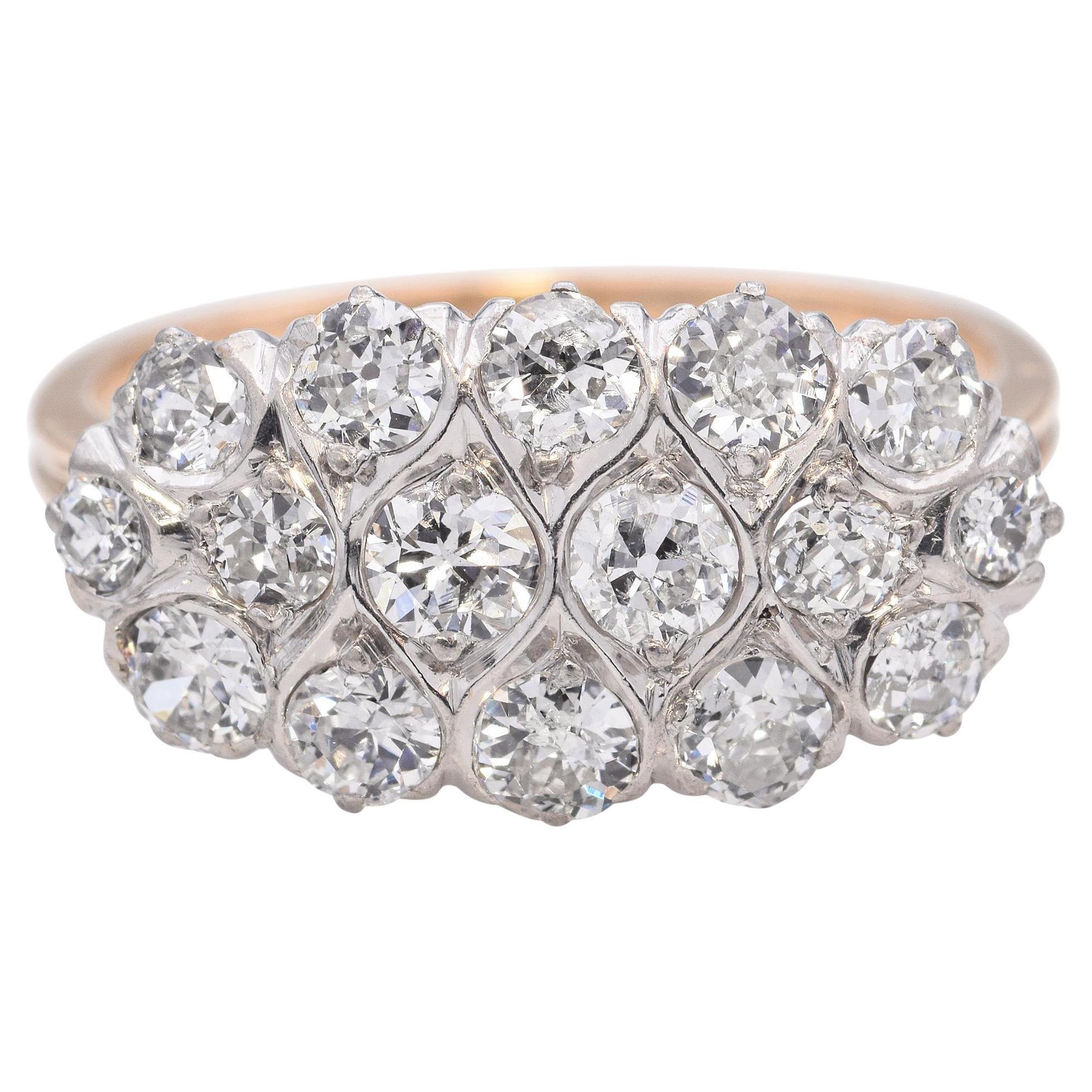 Antique 11k Yellow Gold & Platinum Old European Cut Diamond Cluster Ring