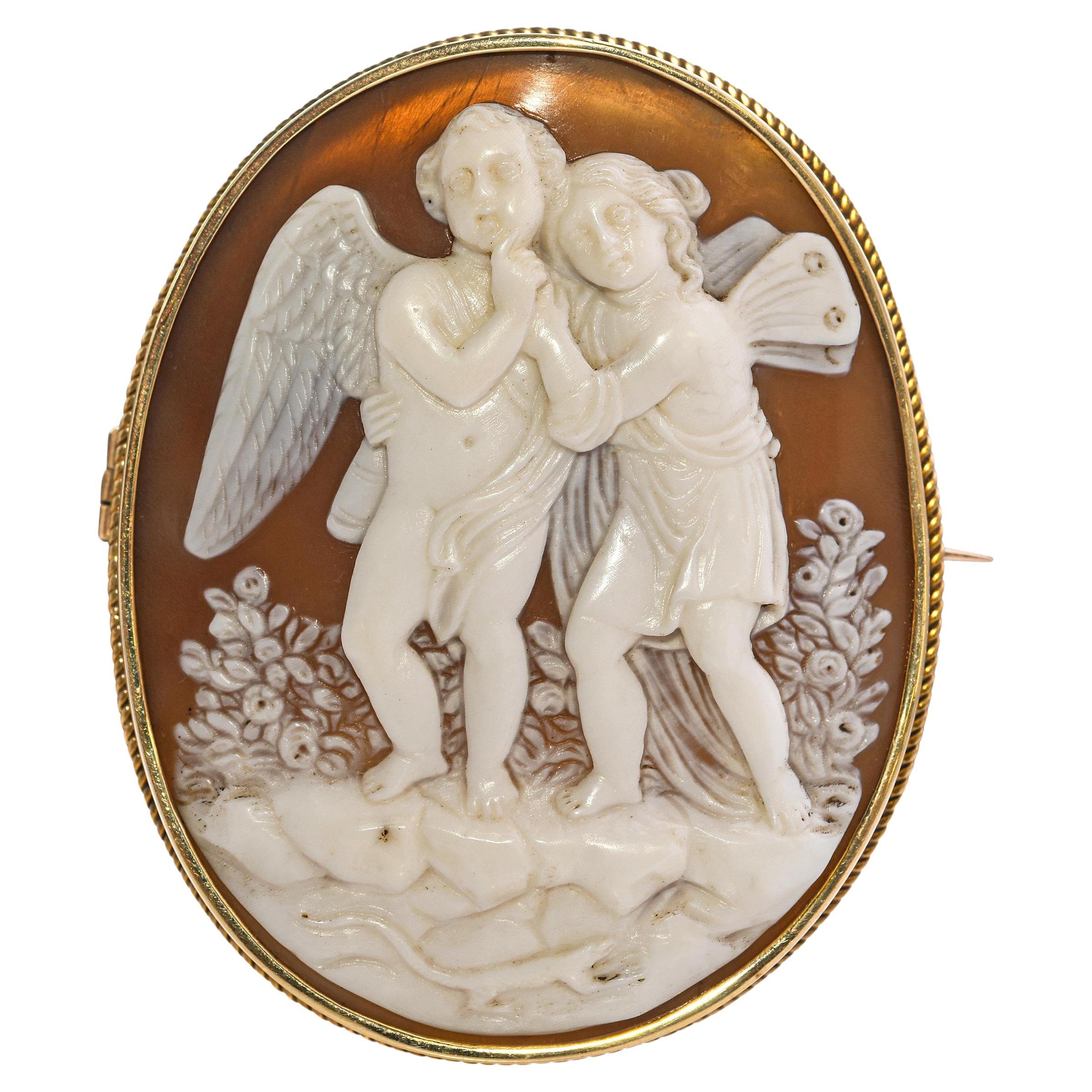 Antiguo Broche Psique + Eros Camafeo Concha Oro Amarillo 11k