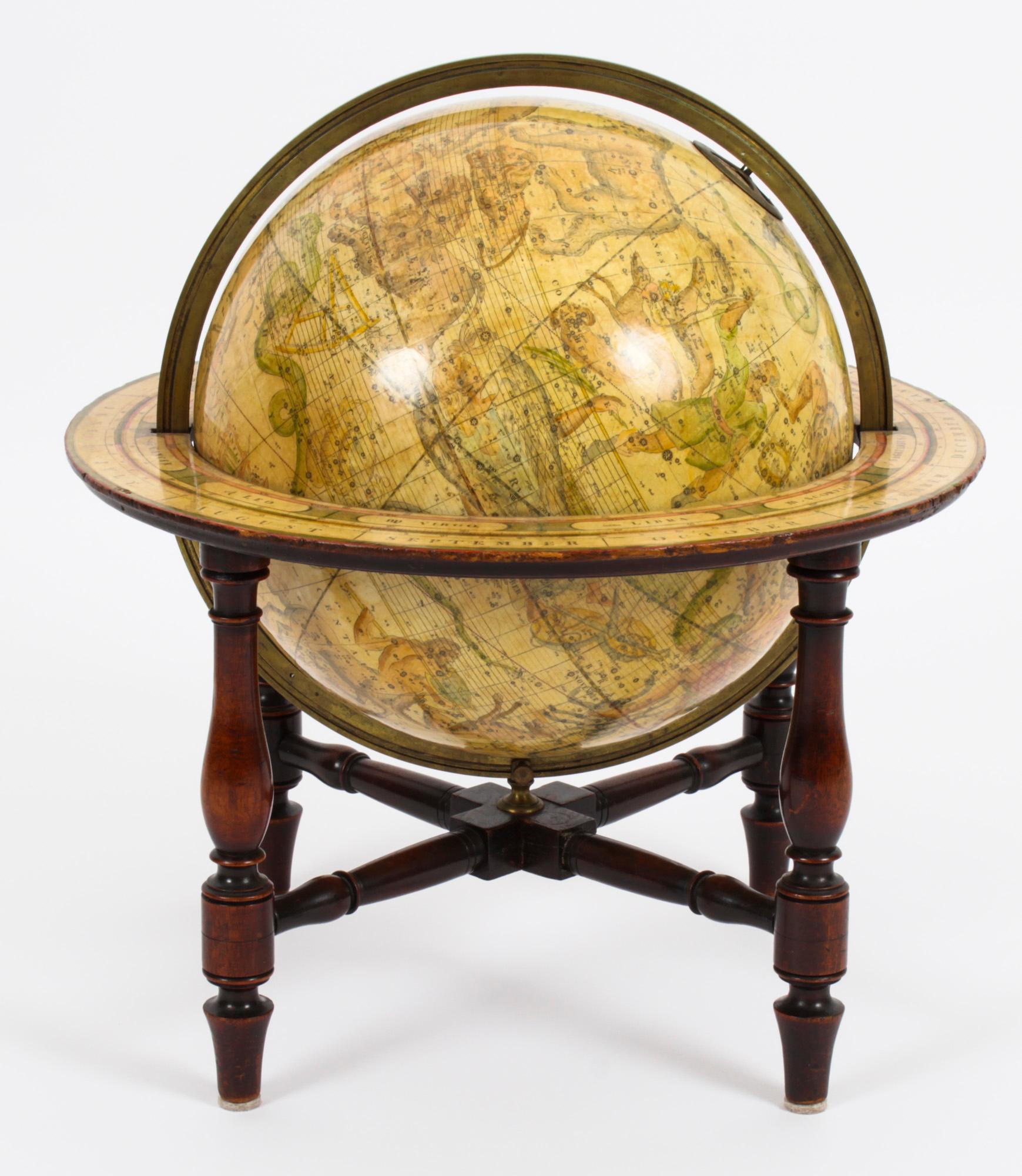 A fine antique 12inch Cary's New Celestial library table globe on stand, dated 1810.
 
Bearing the following inscription:
 
Cary's Celestial globe
on which are correctly laid down upwards of 3500 Stars.
Selected from the most accurate