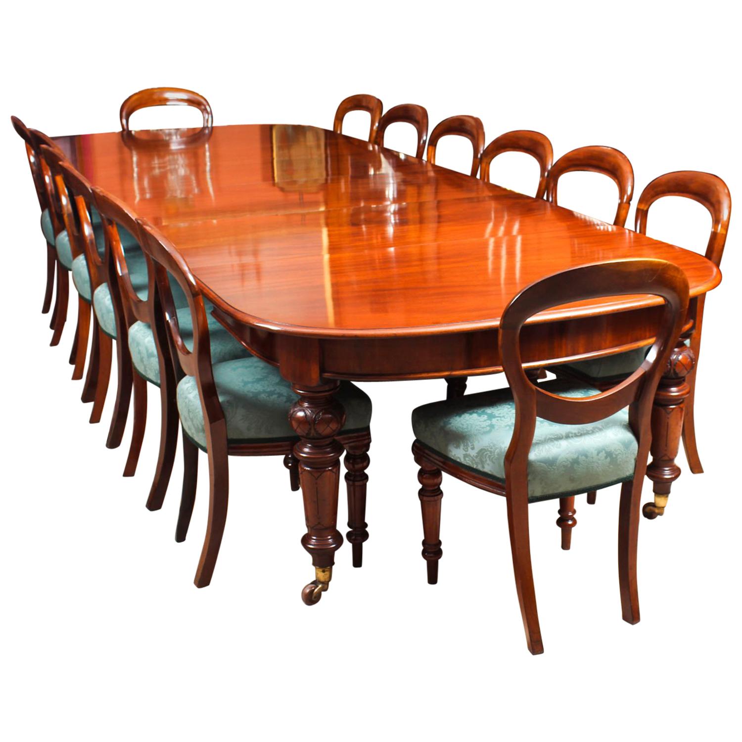 Antique 12 Ft Victorian D-End Mahogany Dining Table & 14 Chairs, 19th Century