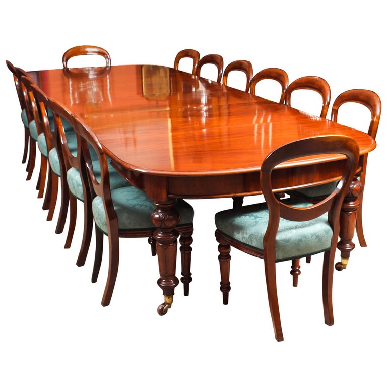 Victorian D End Mahogany Dining Table, Set Of 12 Antique Dining Room Chairs