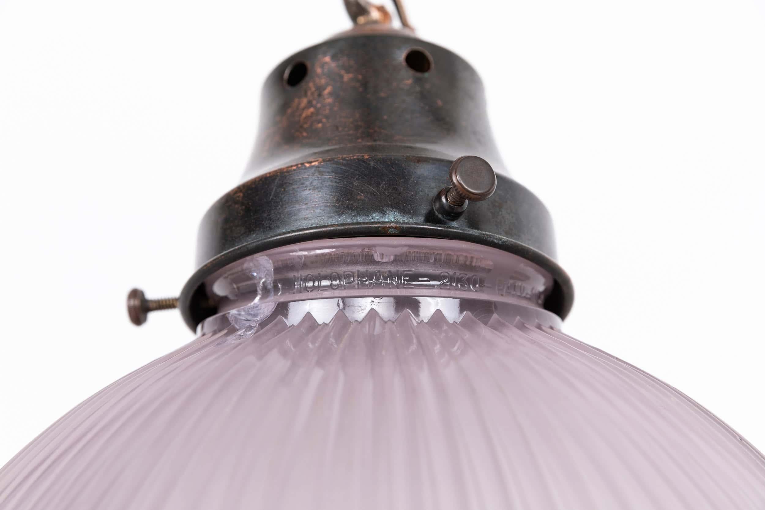 Antica lampada a sospensione in vetro prismatico con riflettore-rifrattore Holophane da 12